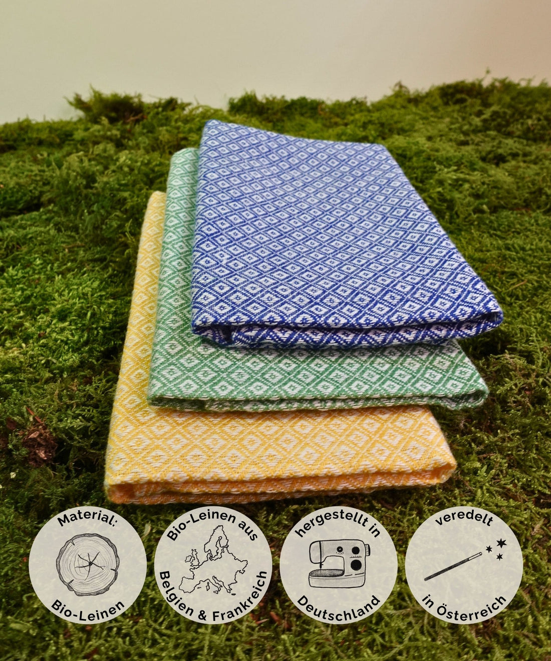 hochwertige Handtücher aus Bio-Leinen - 3er Set (grün,gelb,blau) 