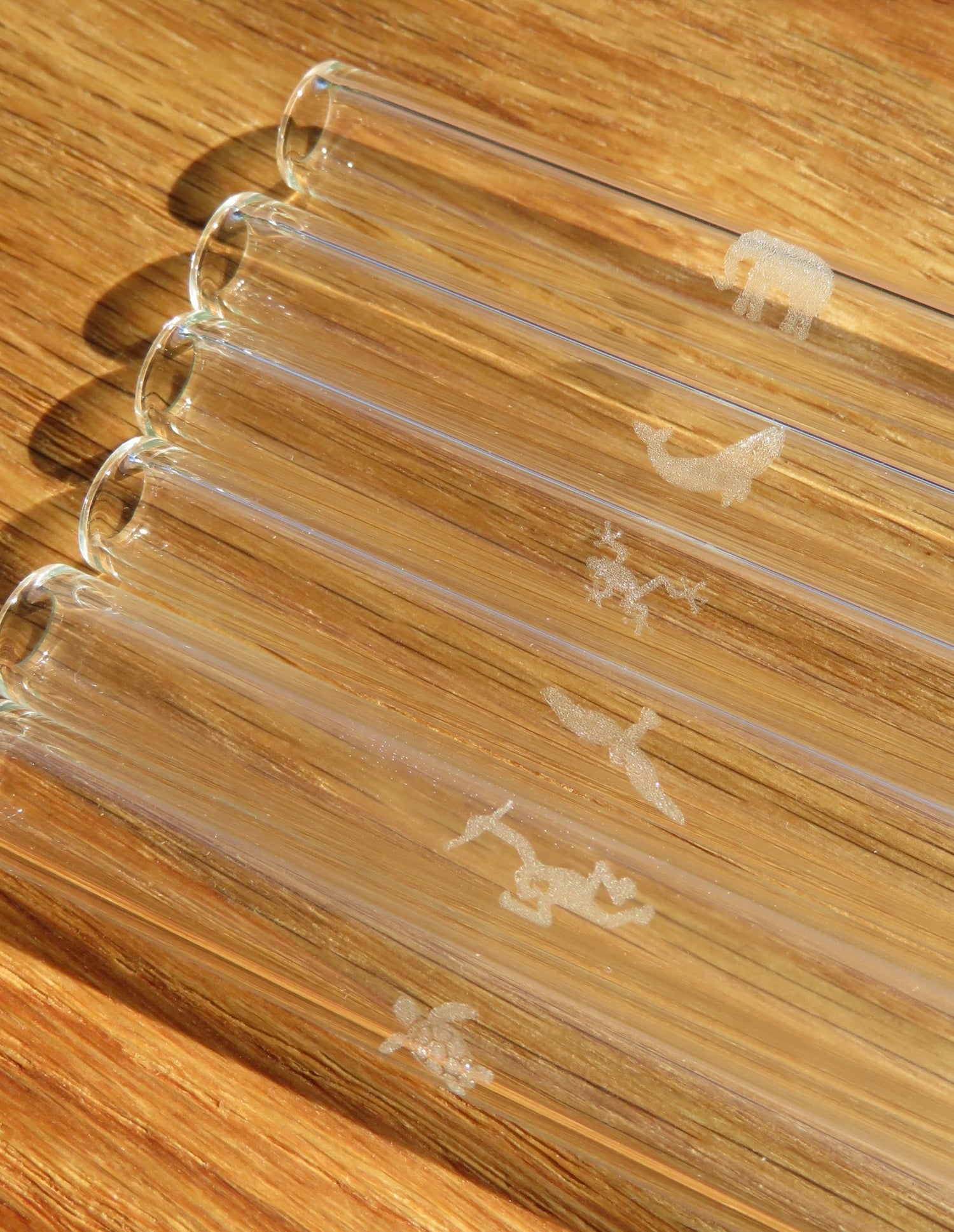 Glasstrohhalme 6er Set mit Erdtiermotiven auf Holztisch