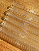 Glasstrohhalme 6er Set mit Erdtiermotiven auf Holztisch